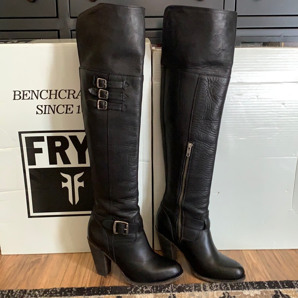 Frye Black Leather Thigh High Boots